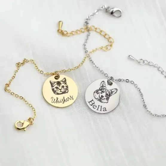 engraved pet portrait bracelets silver and gold