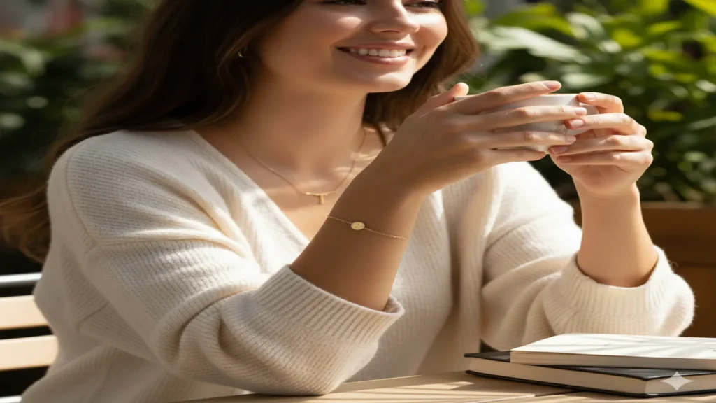 woman wearing gold permanent jewelry bracelet on wrist