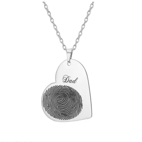 Personalized Fingerprint Heart Necklace engraved with a custom fingerprint and name on a silver pendant.