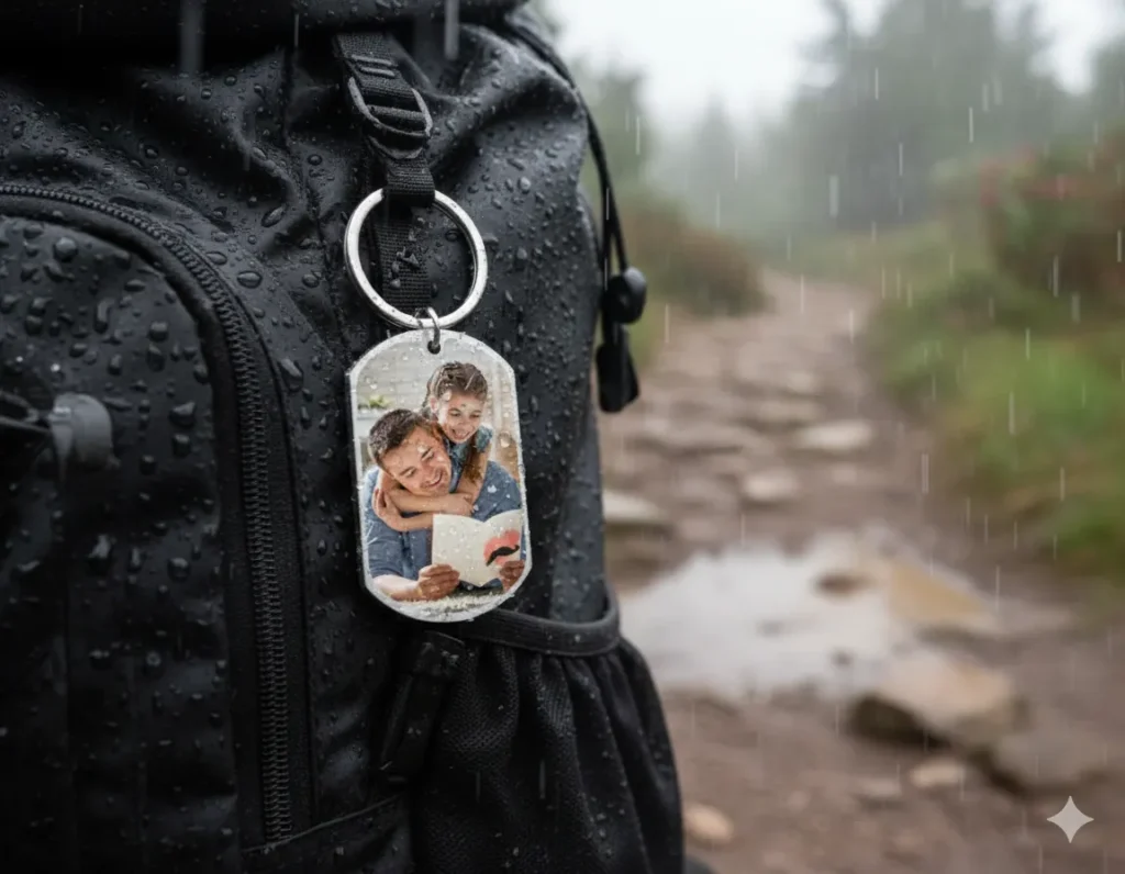 Custom waterproof photo keychain by JowJewelry featuring personalized photo pendant, durable and tarnish-free.