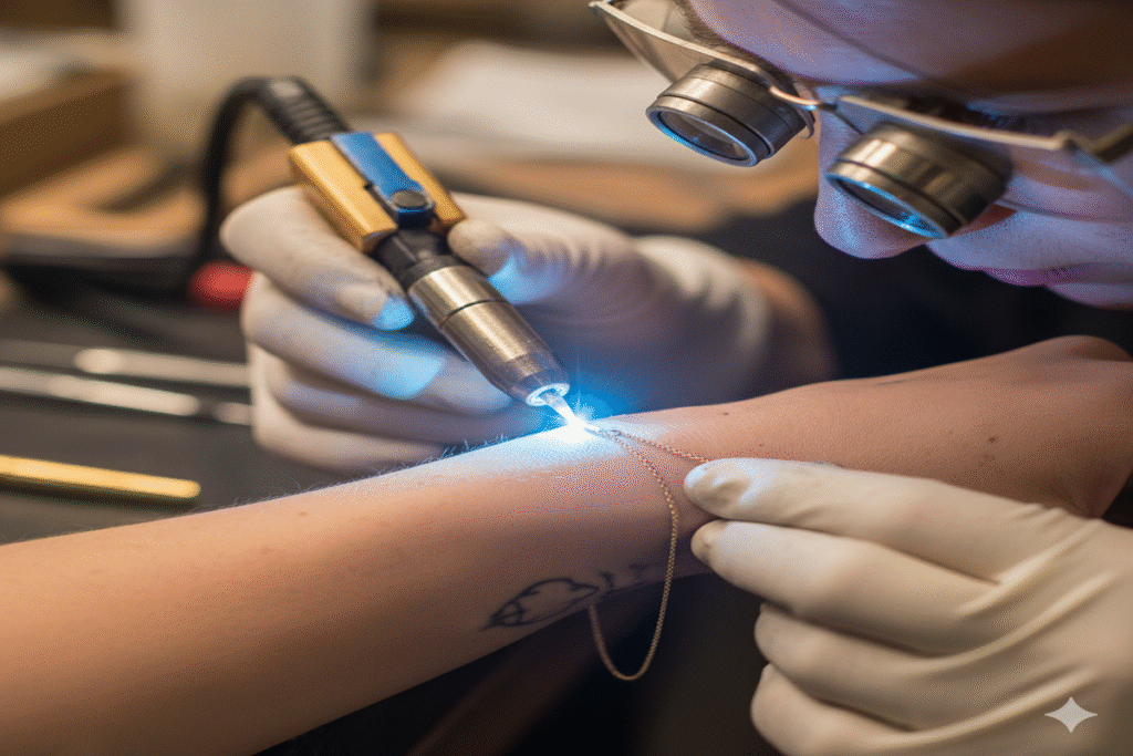 permanent jewelry welding bracelet on wrist